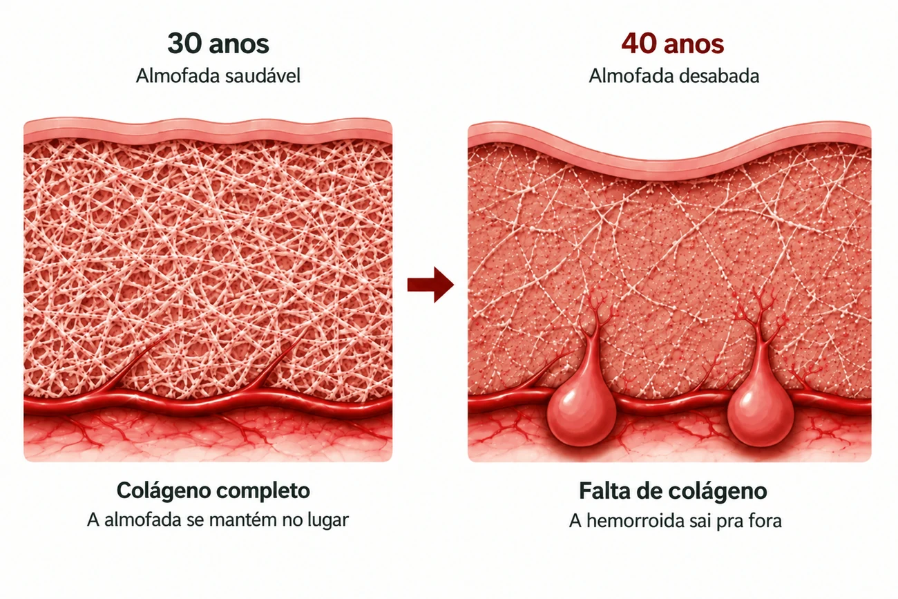 Almofada saudável aos 30 anos comparada com uma almofada desabada depois da perda de colágeno